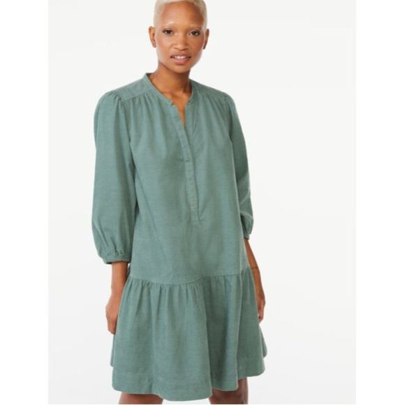 Free Assembly Tiered Swing Dress with ¾ Puff Sleeves | Green | Medium | NWT - Picture 2 of 7